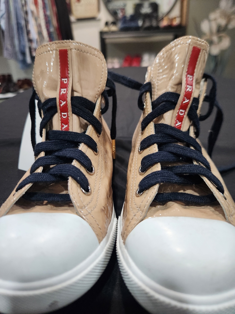 Prada Beige Patent High-Top Sneakers